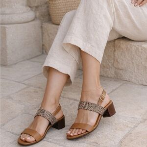 Made in Italy Tan Leather Block Heel Sandals | Woven Strap | Size 7